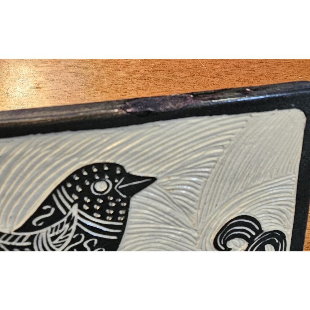 Folk Art Bird Tile Signed Black White Swirl Design 6.25x4.5 Framed Primitive - Picture 6 of 6